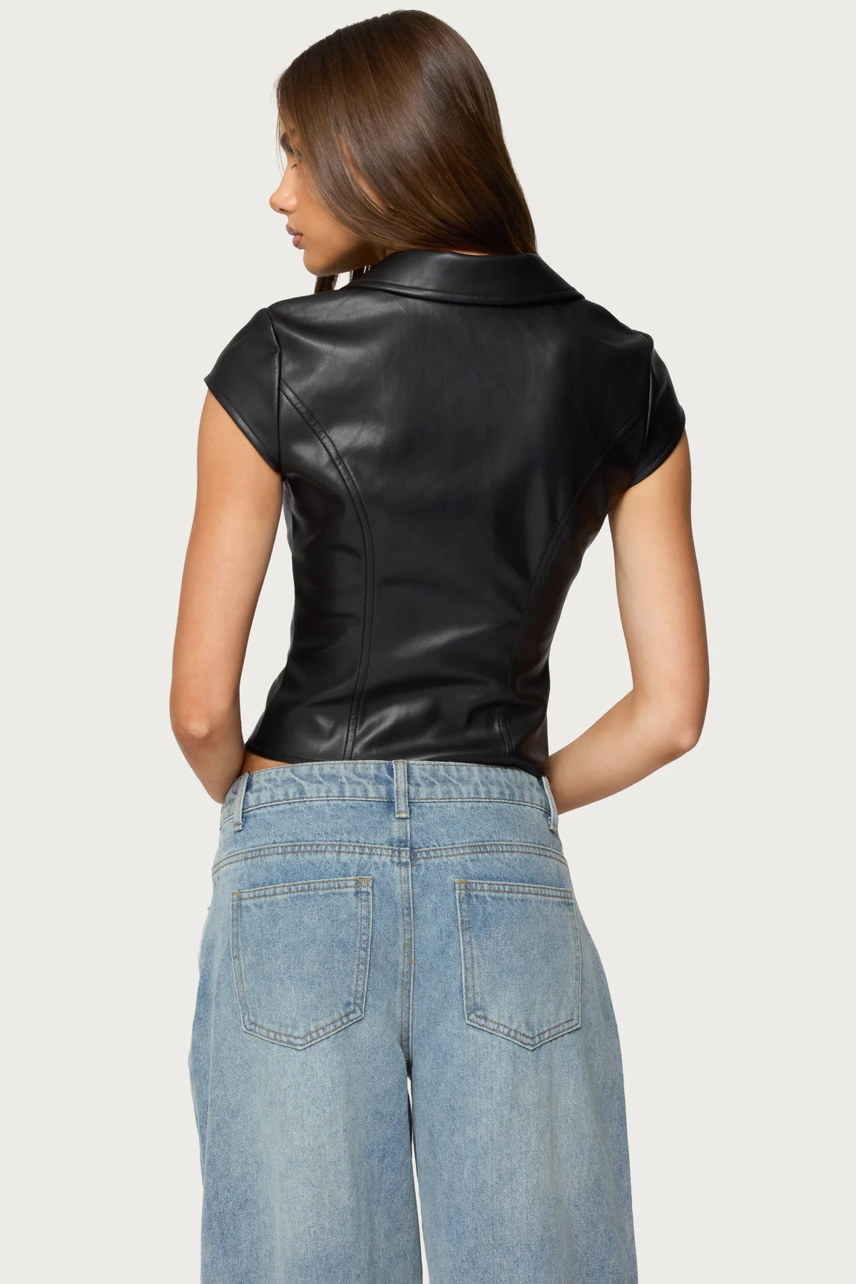Faux Leather Tailored Button Up Top - Image 5