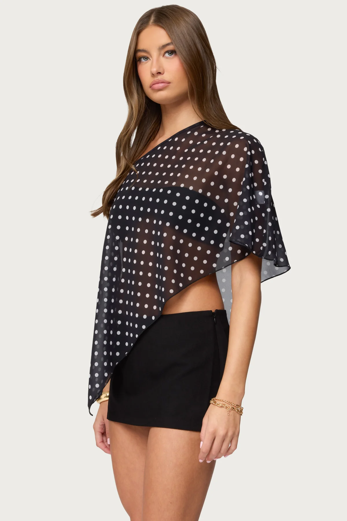 Sheer Chiffon Asymmetric Polka Dot Poncho - Image 4