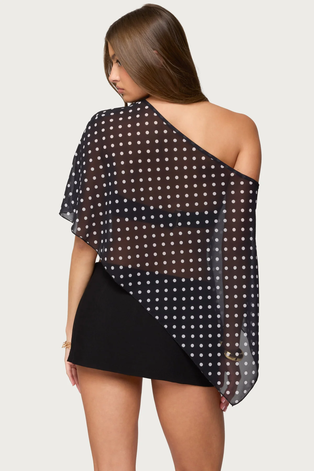 Sheer Chiffon Asymmetric Polka Dot Poncho - Image 6