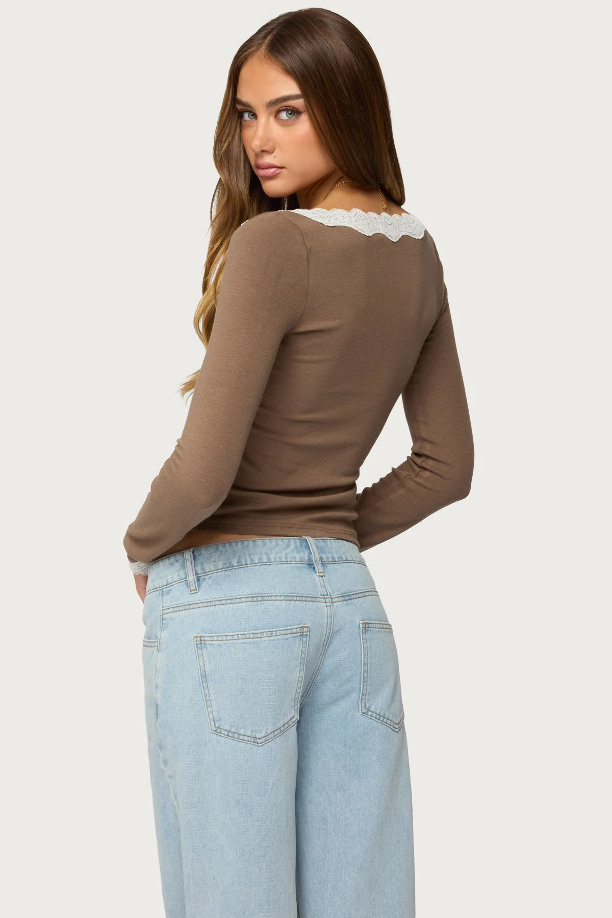 Contrast Lacey Long Sleeve Top - Image 5