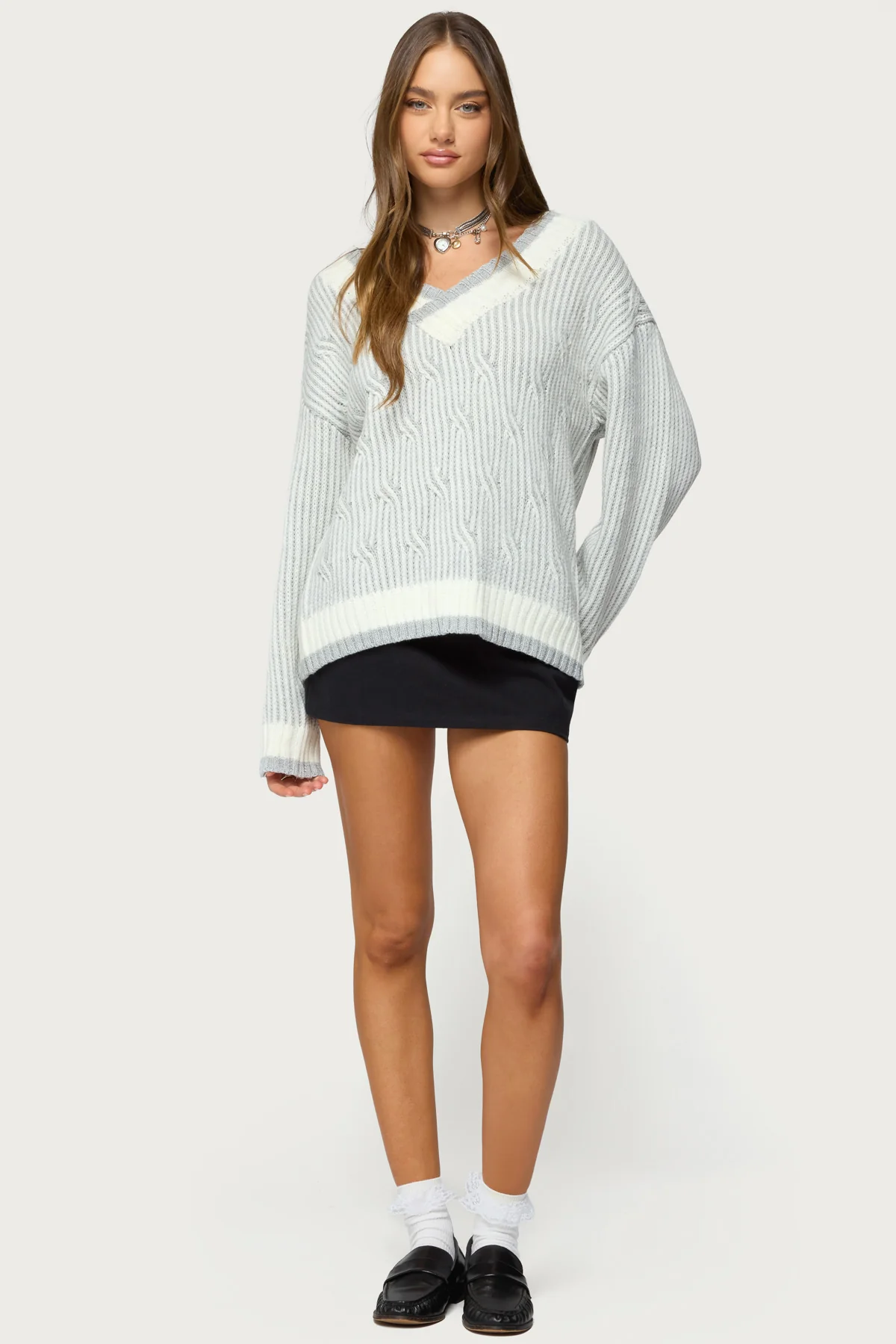 Lila V Neck Cable Knit Sweater - Image 2