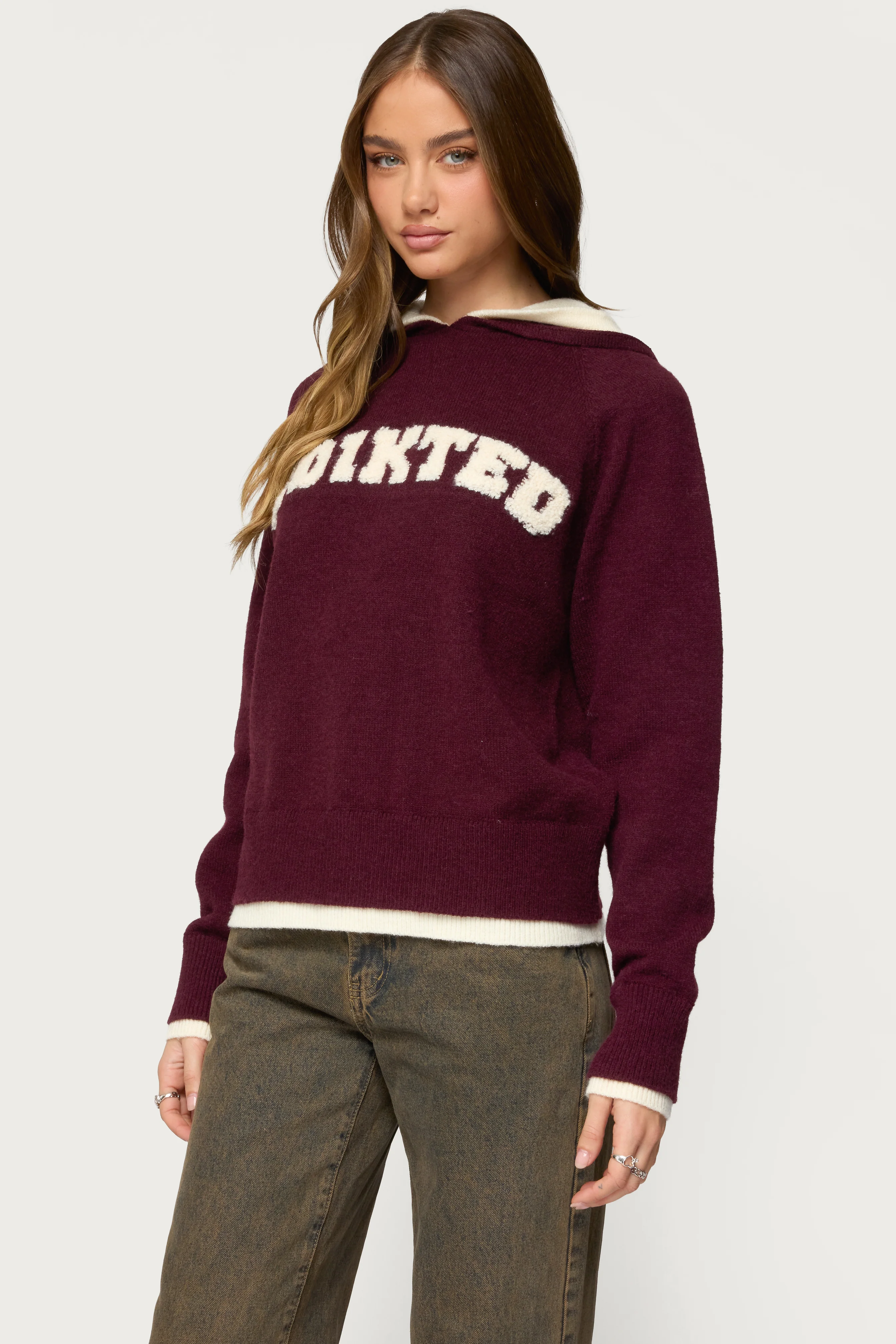 Edikted Varsity Contrast Layered Knit Hoodie - Image 3