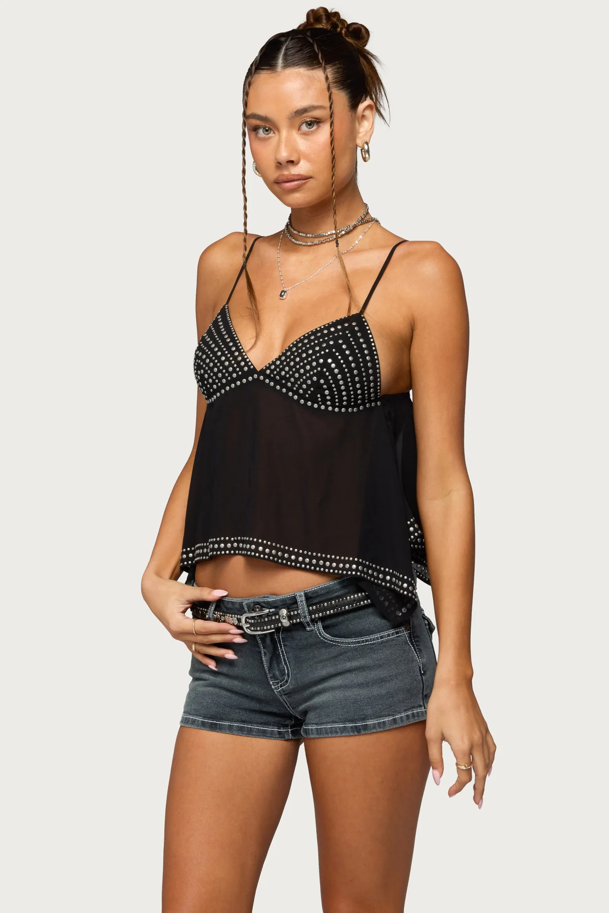 Studded Asymmetric Sheer Babydoll Top - Image 3