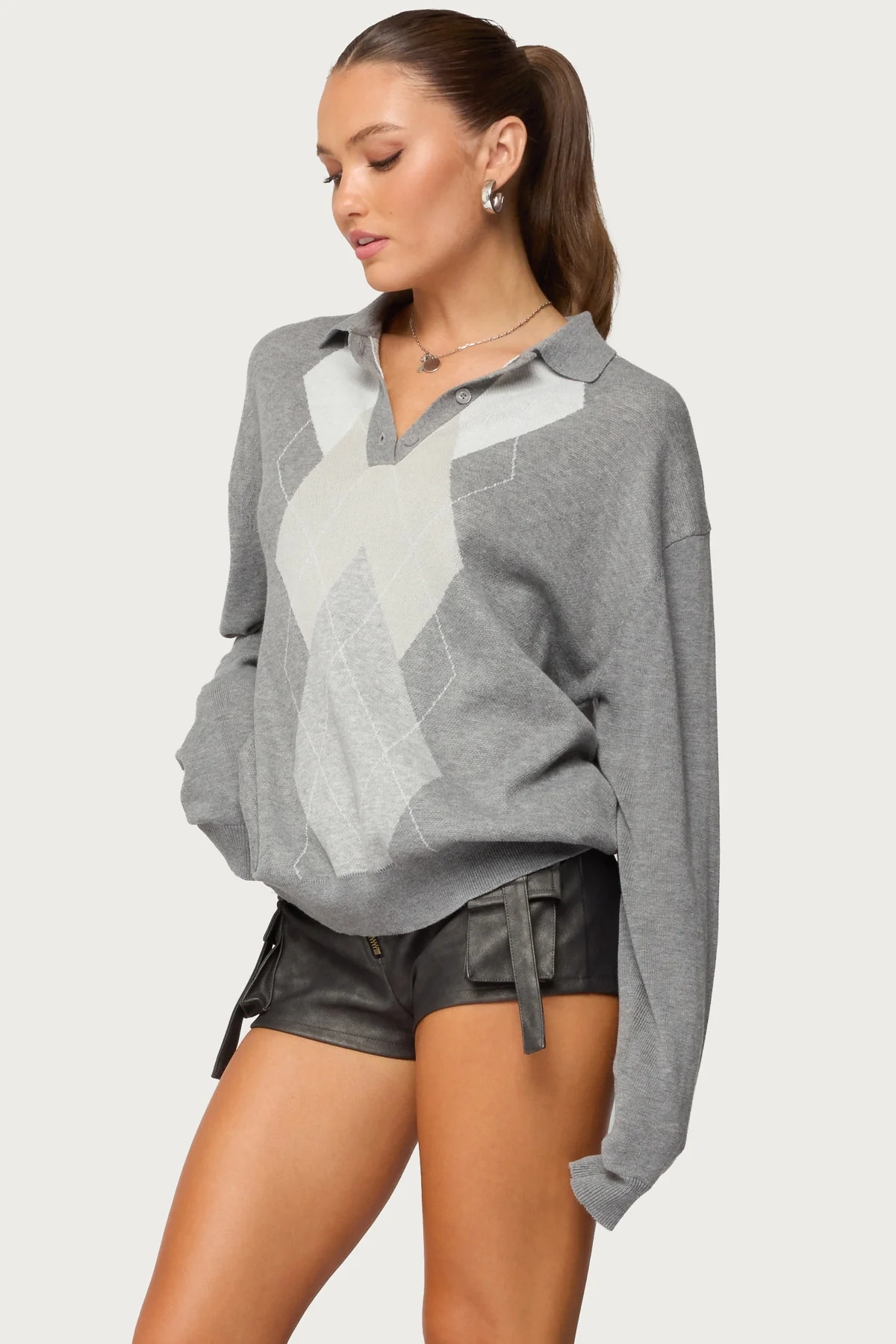 Kati Argyle Oversized Polo Sweater - Image 4