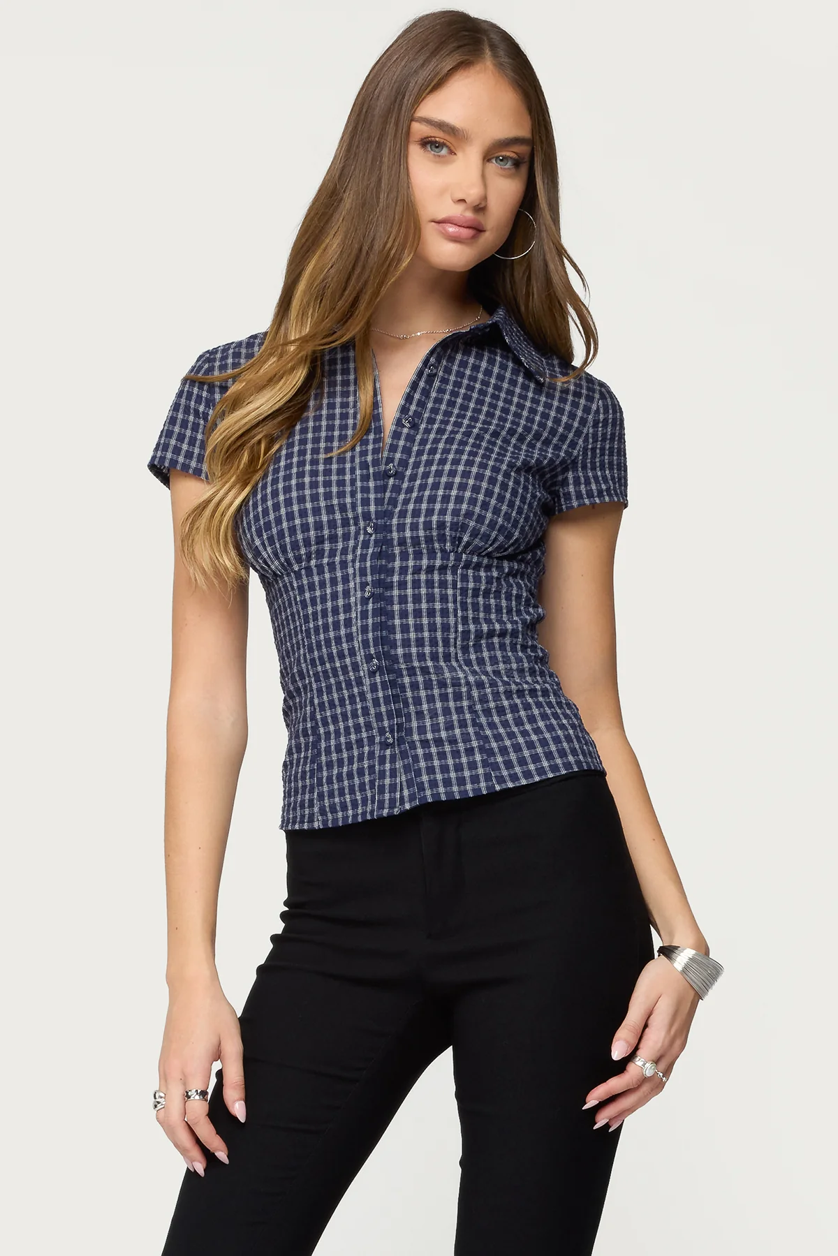 Oriya Gingham Tailored Button Up Shirt - Image 3