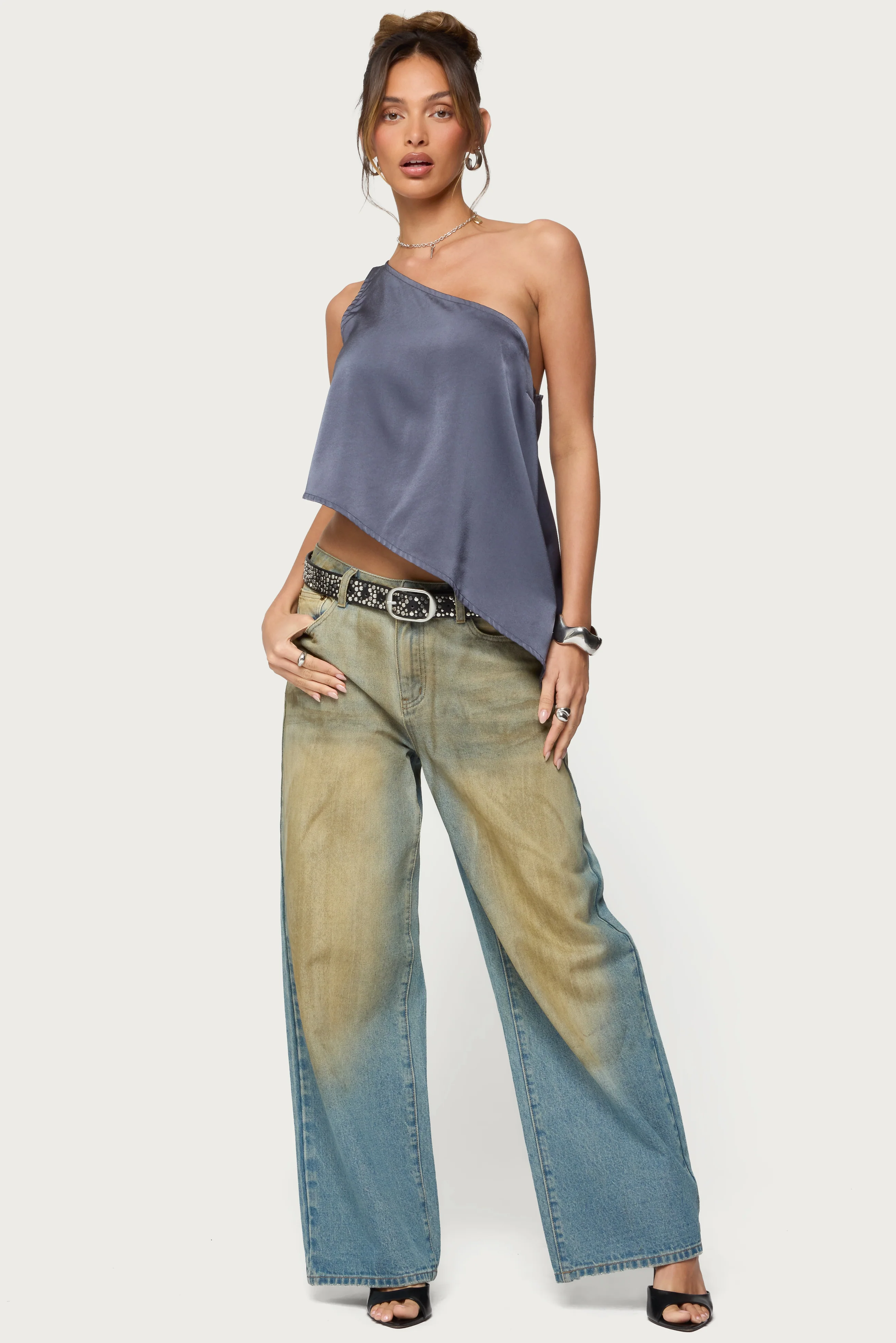 Asymmetric Satin Effect One Shoulder Top - Image 5