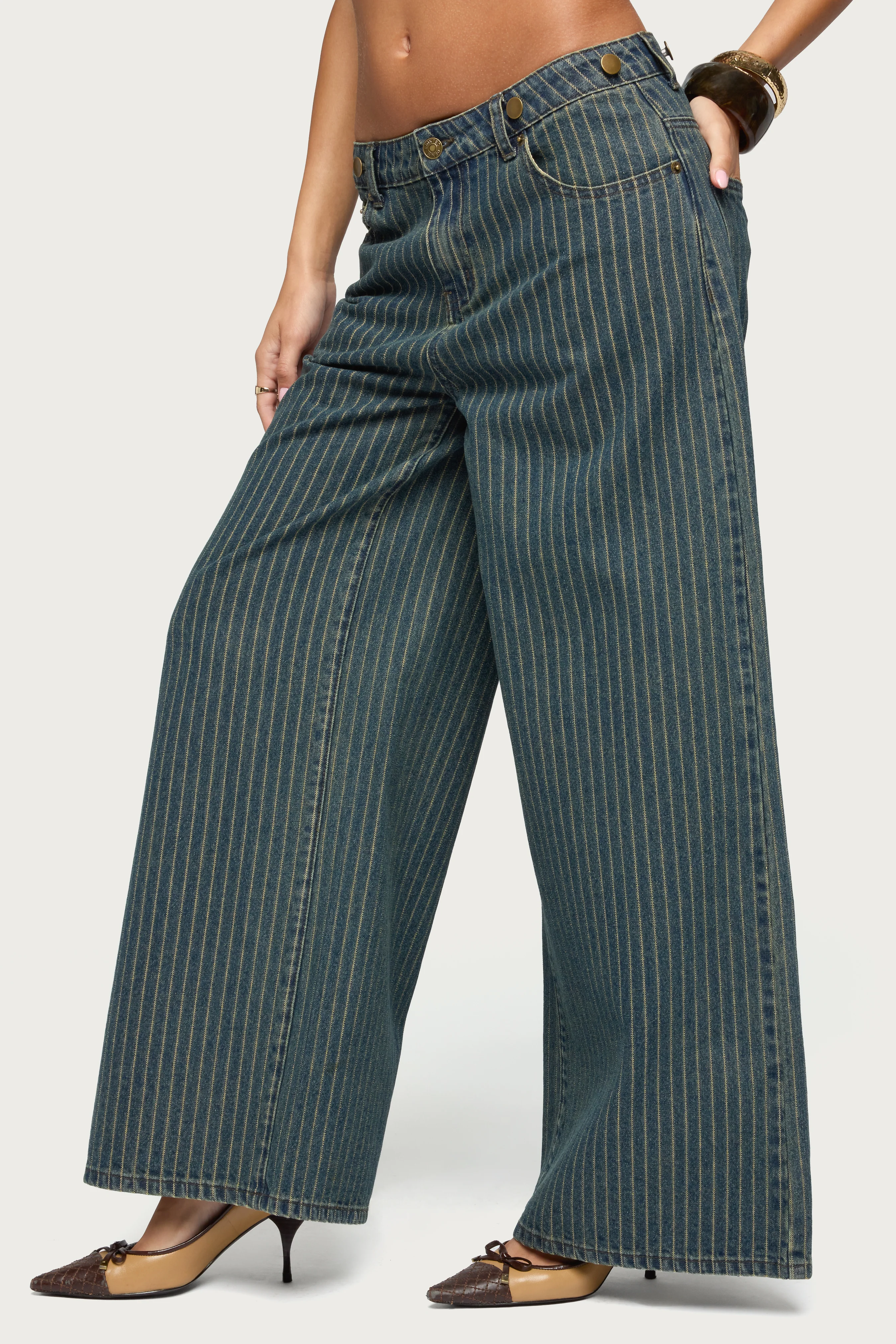 Button Pinstripe Low Rise Baggy Jeans - Image 3