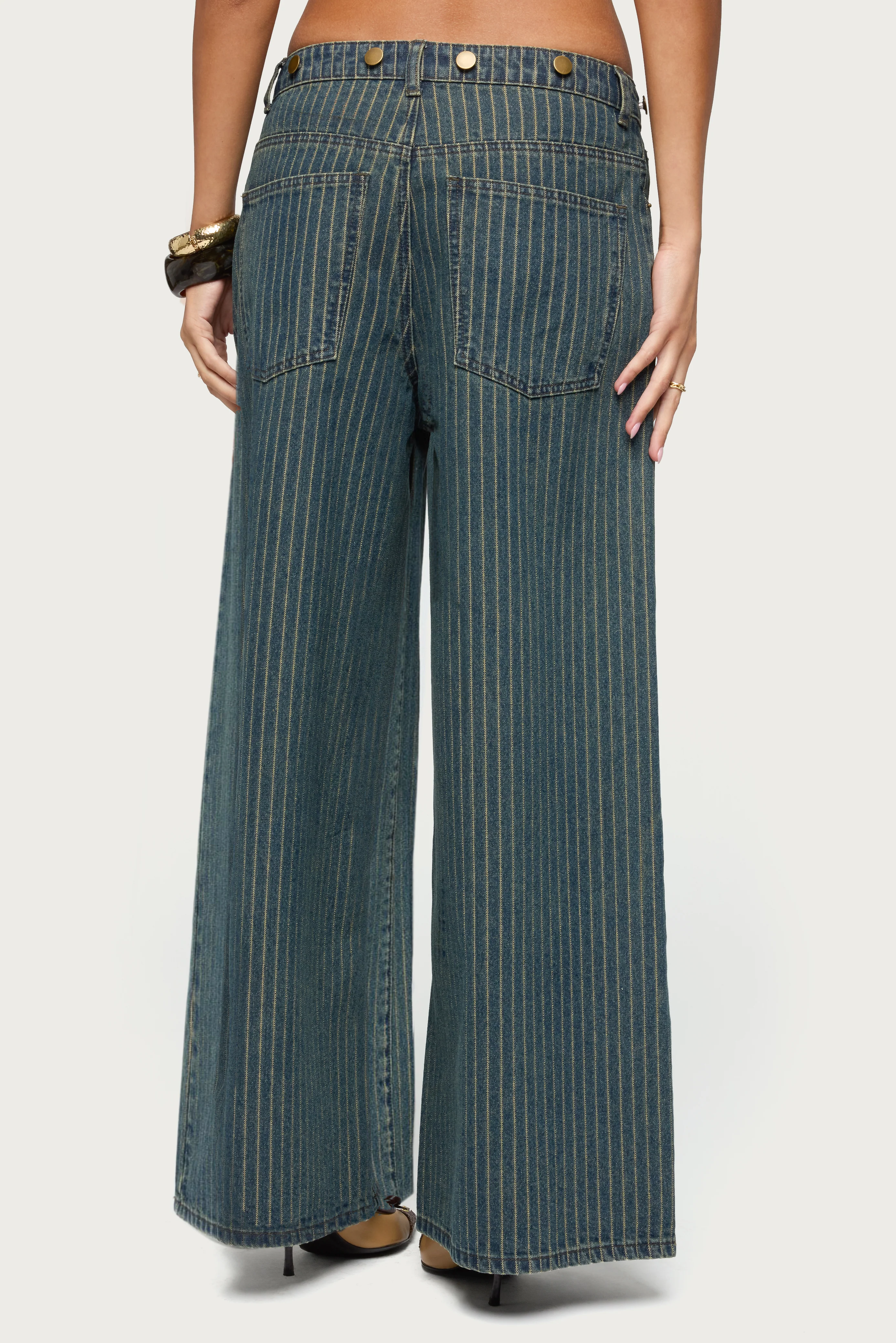 Button Pinstripe Low Rise Baggy Jeans - Image 4