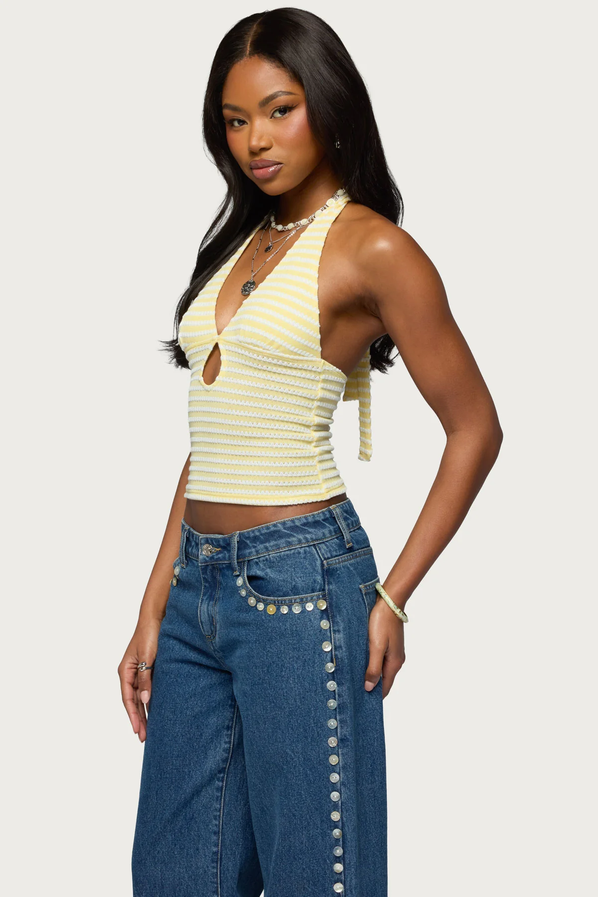Maylah Keyhole Striped Textured Halter Top - Image 3