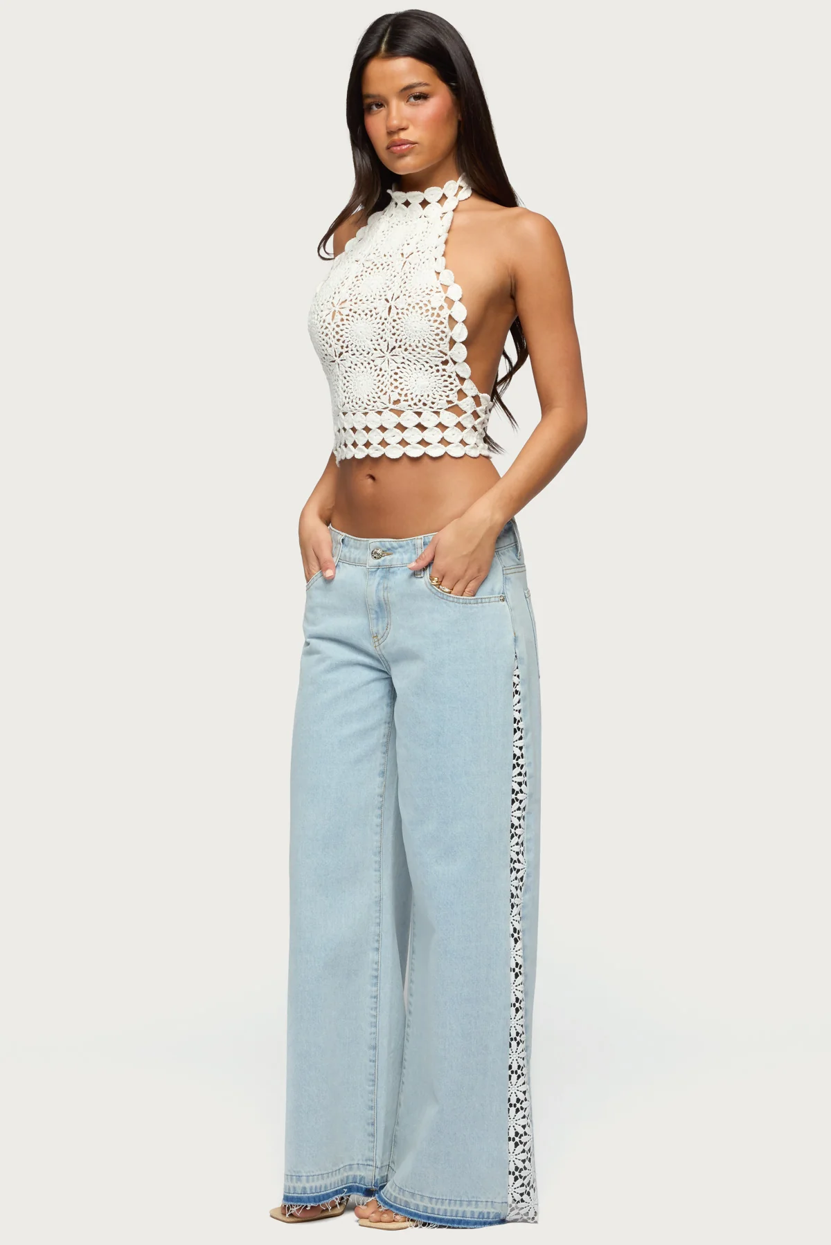 Crochet Panel Low Rise Wide Leg Jeans - Image 4