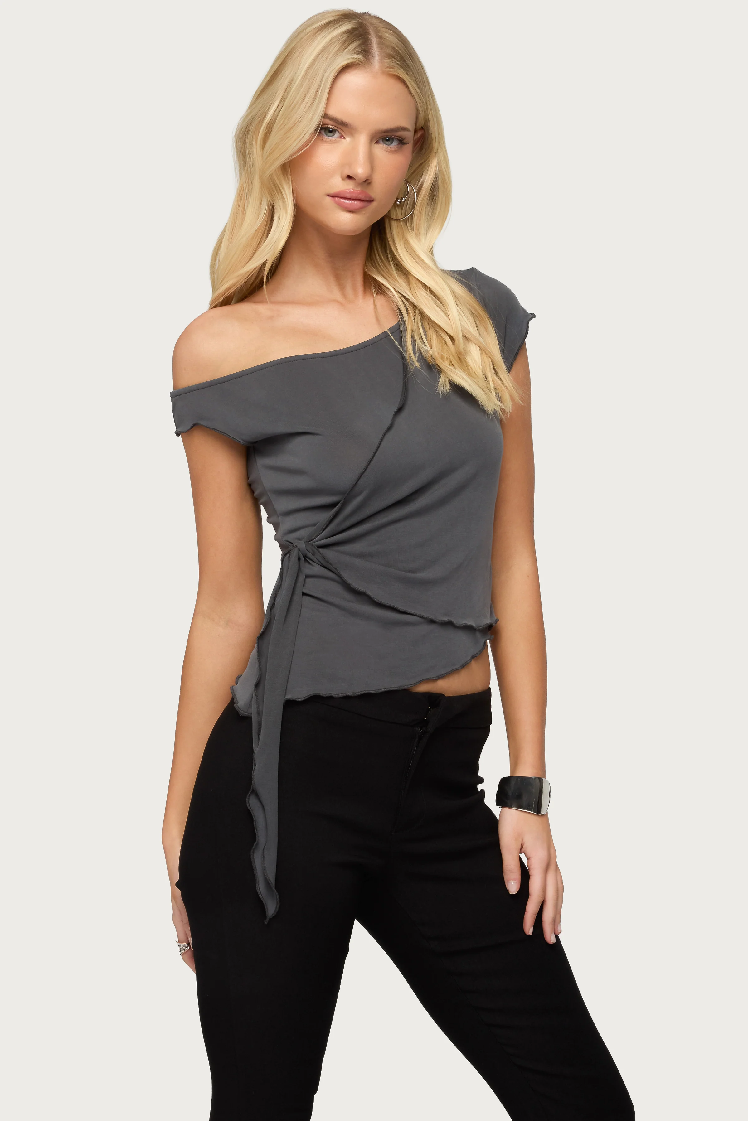 Asymmetric Off Shoulder Wrap Top - Image 3