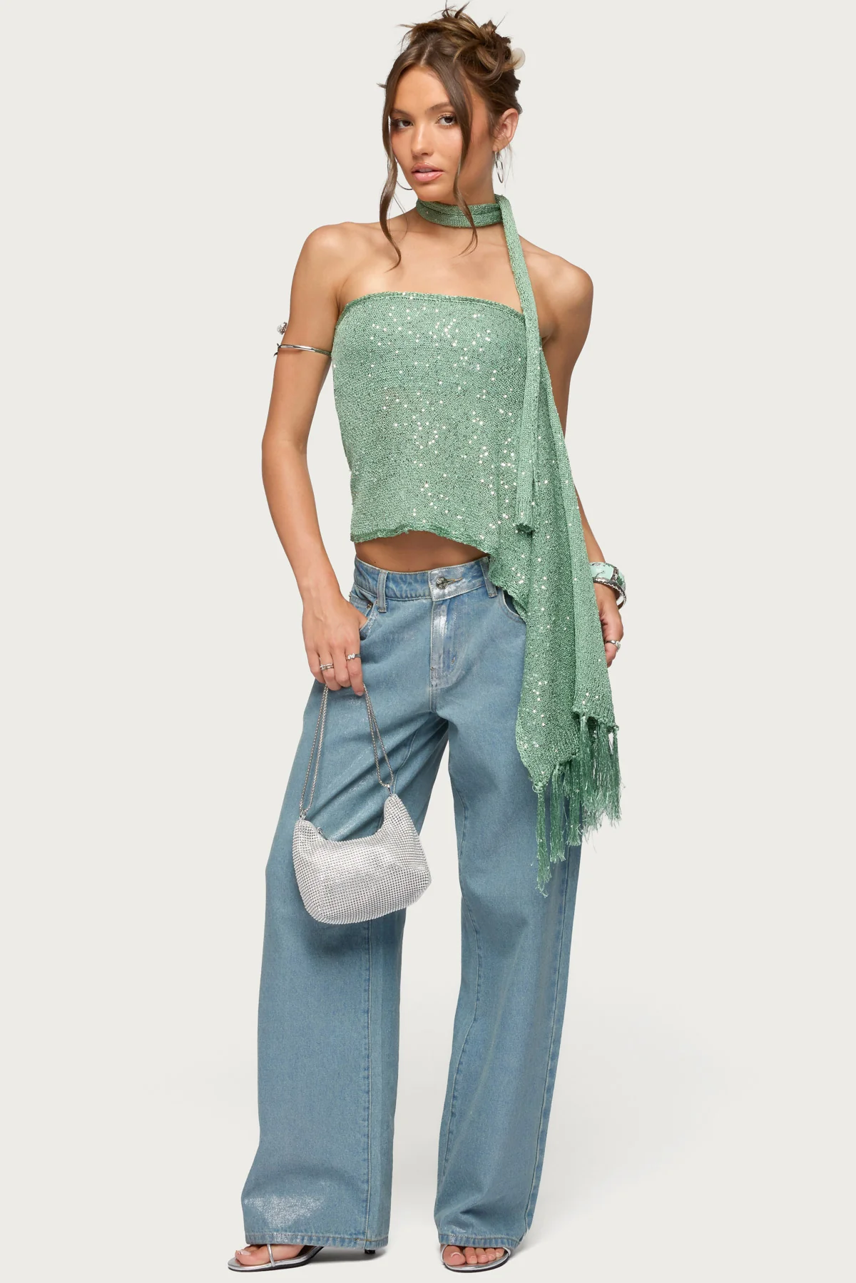 Two Piece Sequin Knit Scarf Top - Image 2