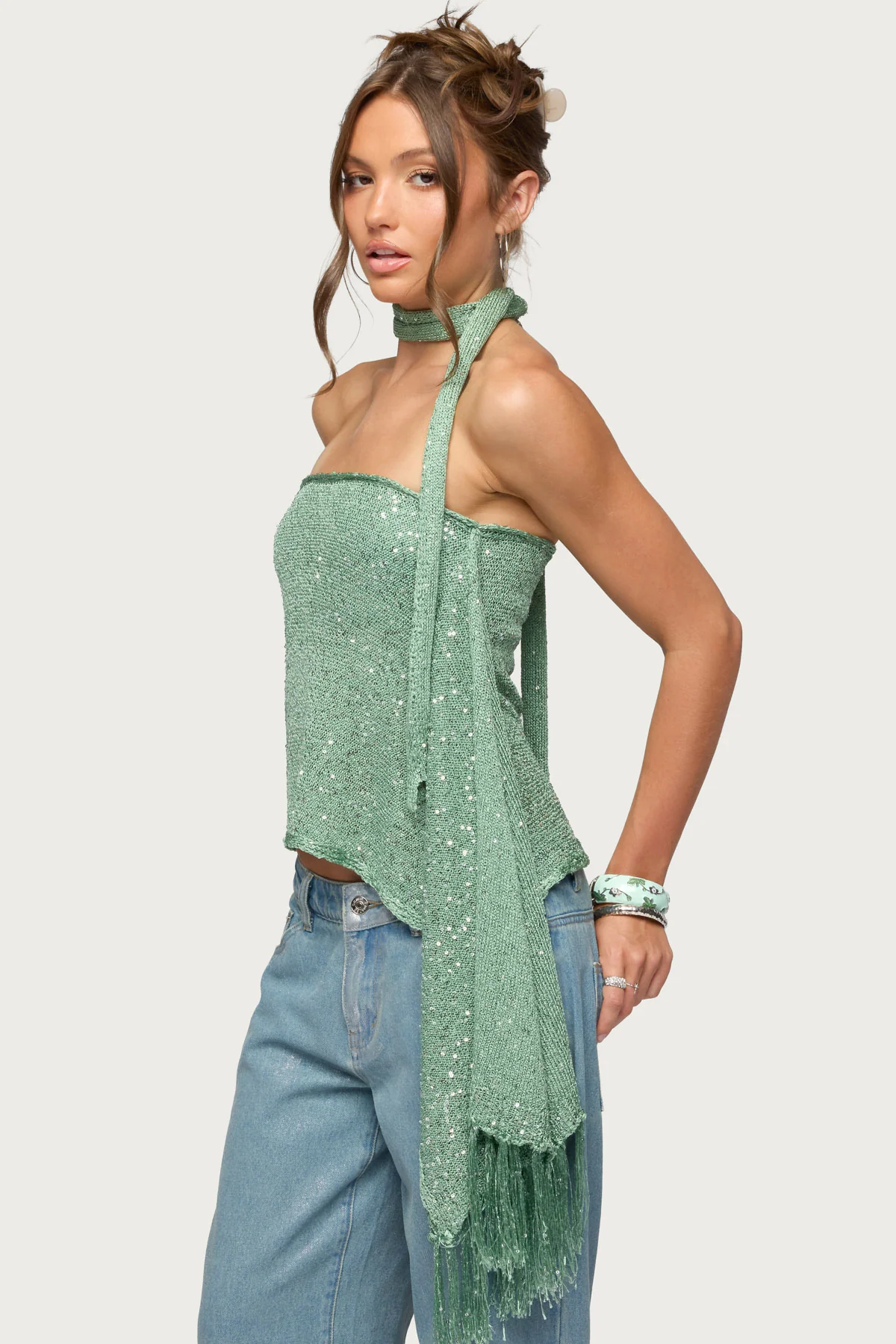Two Piece Sequin Knit Scarf Top - Image 3