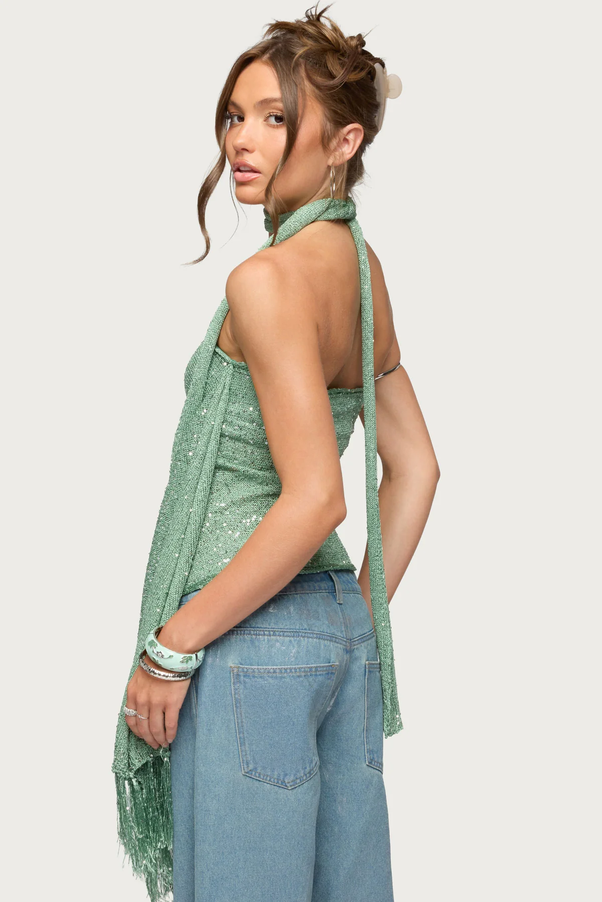 Two Piece Sequin Knit Scarf Top - Image 4