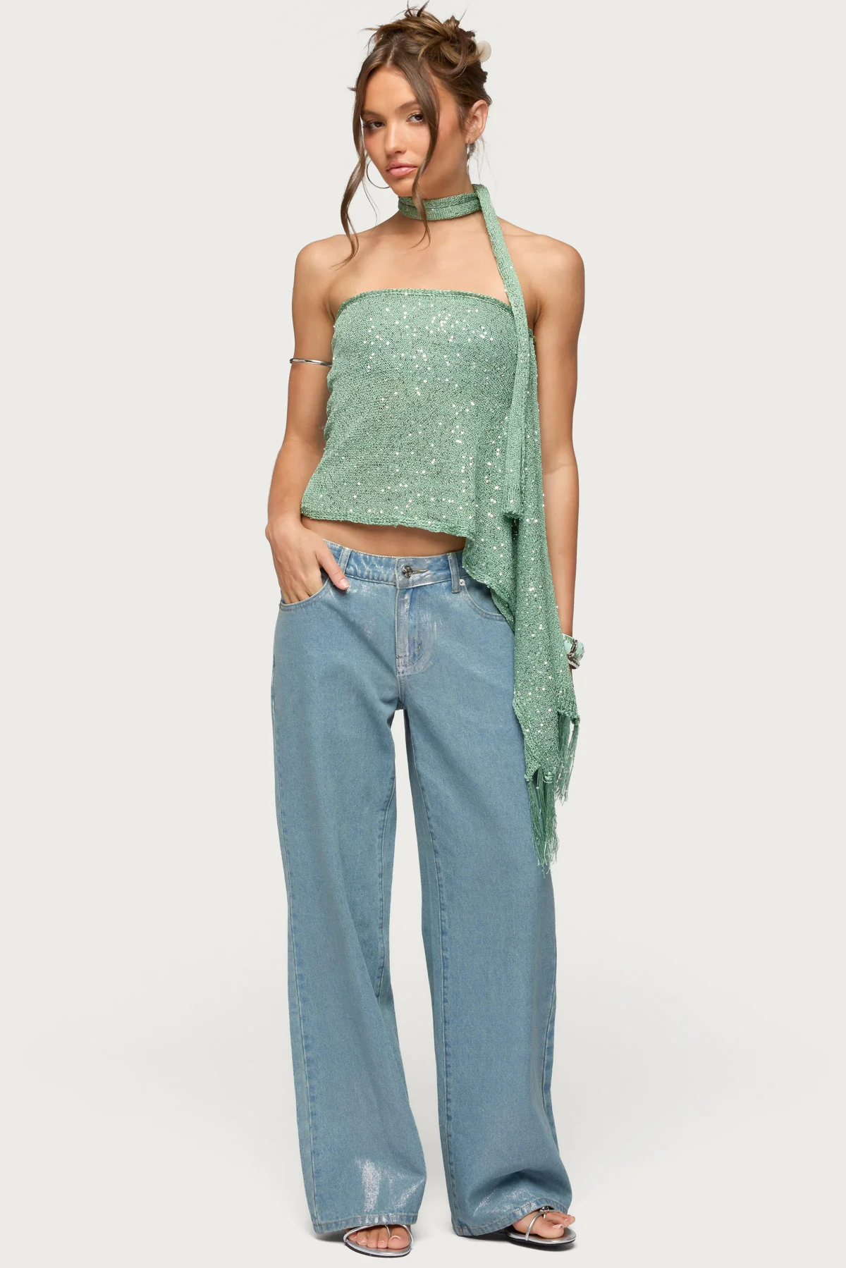 Two Piece Sequin Knit Scarf Top - Image 5