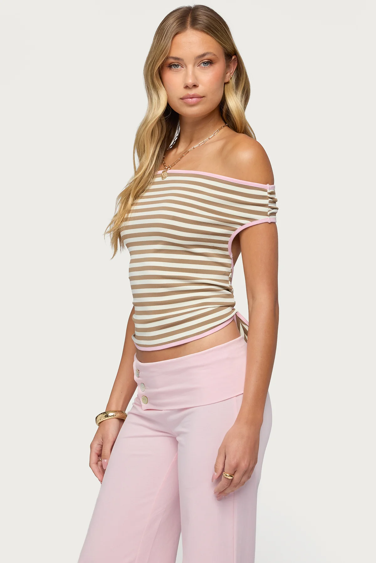 Zory Striped Backless Off Shoulder Top - Image 3